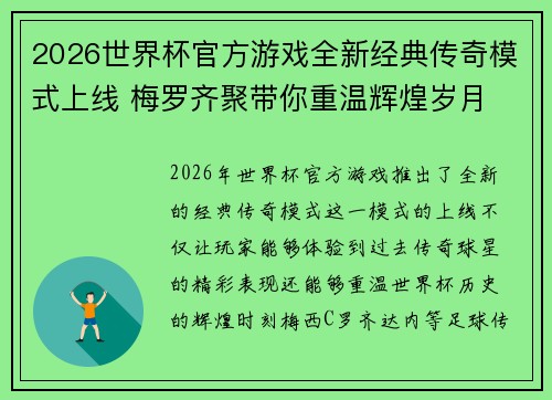 2026世界杯官方游戏全新经典传奇模式上线 梅罗齐聚带你重温辉煌岁月 2026世界杯官方游戏全新经典传奇模式上线 梅罗齐聚带你重温辉煌岁月