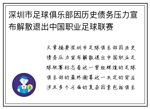 深圳市足球俱乐部因历史债务压力宣布解散退出中国职业足球联赛 深圳市足球俱乐部因历史债务压力宣布解散退出中国职业足球联赛
