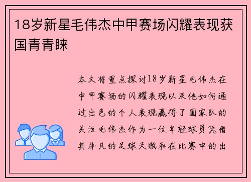 18岁新星毛伟杰中甲赛场闪耀表现获国青青睐 18岁新星毛伟杰中甲赛场闪耀表现获国青青睐
